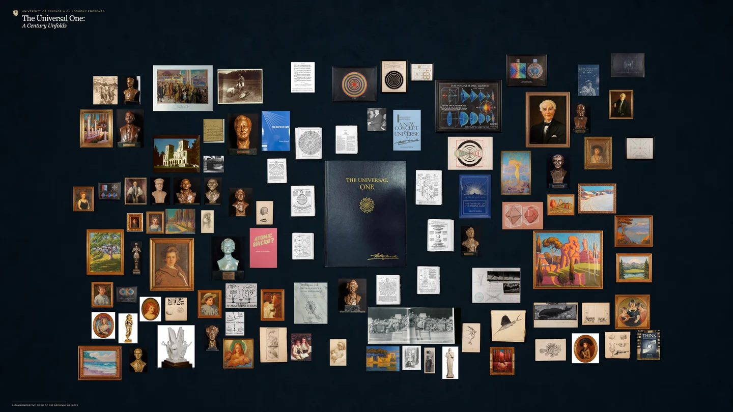 Commemorative poster of the complete 100-object composition, with The Universal One at its center.