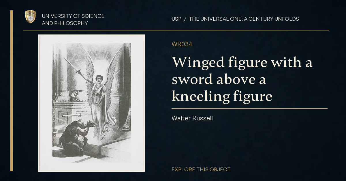Winged figure with a sword above a kneeling figure