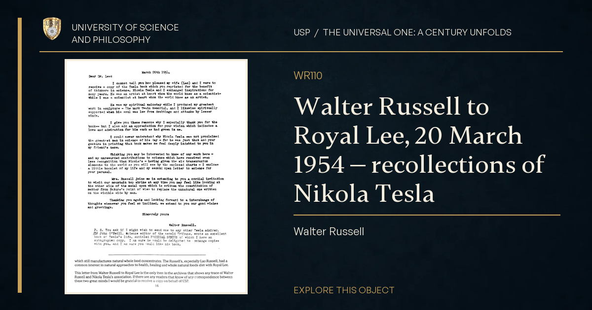 Walter Russell to Royal Lee, 20 March 1954 — recollections of Nikola Tesla